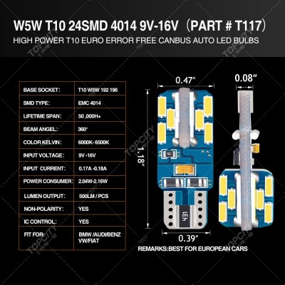 LED汽车小灯T10-24SMD仪表灯示宽灯阅读灯